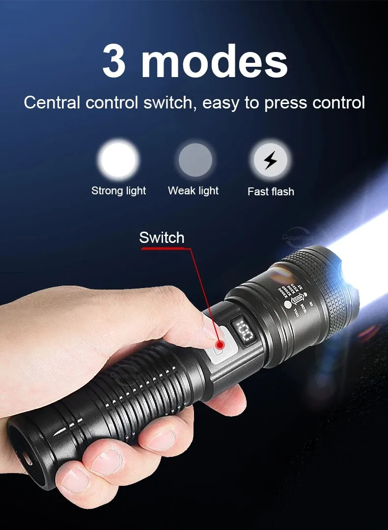 2.000.000 Lumen Ultrastarke Taschenlampe Mit Digitaler Elektronischer Anzeige, Wasserdicht, Zoomfunktion, Handlampe Für Bauliche Aktivitäten Und Camping.