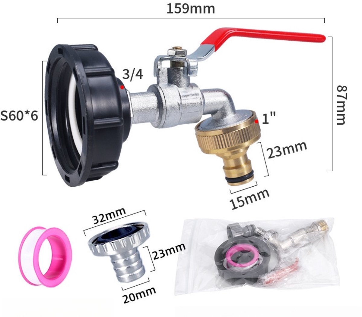 Ibc-wassertankadapter Mit 3/4-zoll-gewinde, Ibc-wasserhahn Für 1000-liter-regenwassertanks, Pp-messinghahn Mit Grobgewinde (60 Mm)