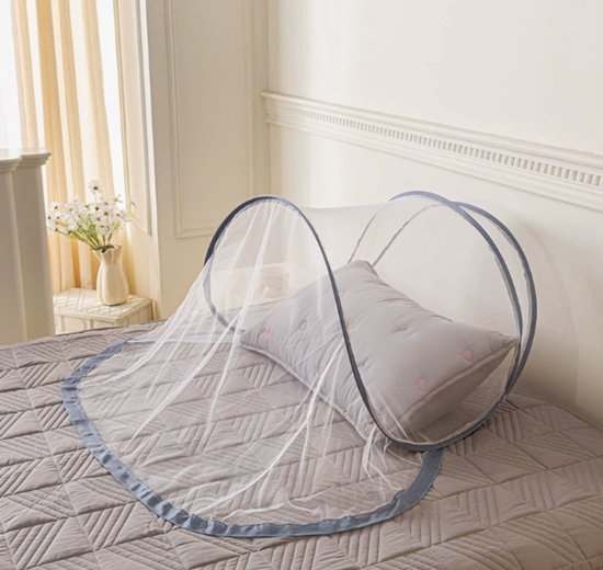 Faltbares Moskitonetz Mit Kopfteil – 100 X 80 X 55 Cm, Kompakt Und Mückenfreier Schlaf, Weiß Mit Blauem Rand