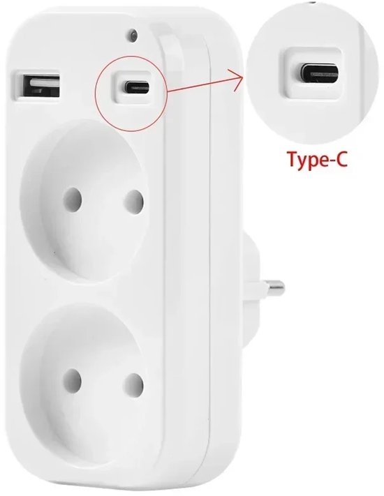 2-in-1-steckdosenleiste Mit Usb-typ-c-anschluss, 1200 W, 250 V, 10 A, Inklusive 2 Usb-anschlüssen (5 V, 2 A), Für Smartphones Und Tablets, Weiß