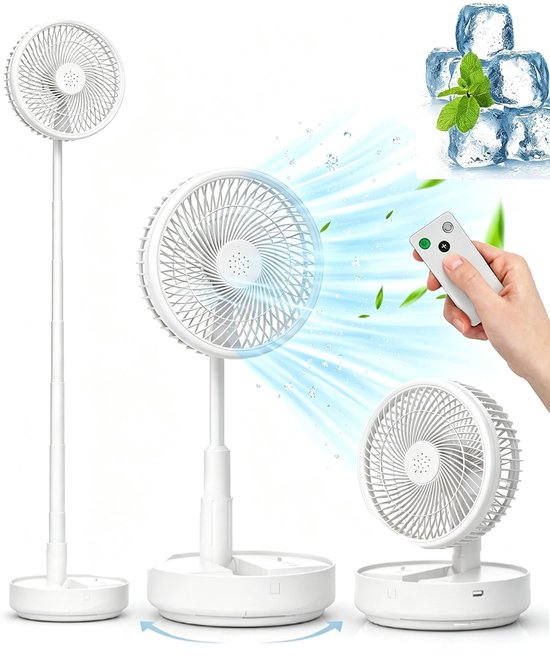 Tisch-/standventilator – Tragbarer Oszillationsventilator – Faltbar – Fernbedienung – Vier Windstufen – Wiederaufladbarer Akku – Usb-anschluss – Weiß