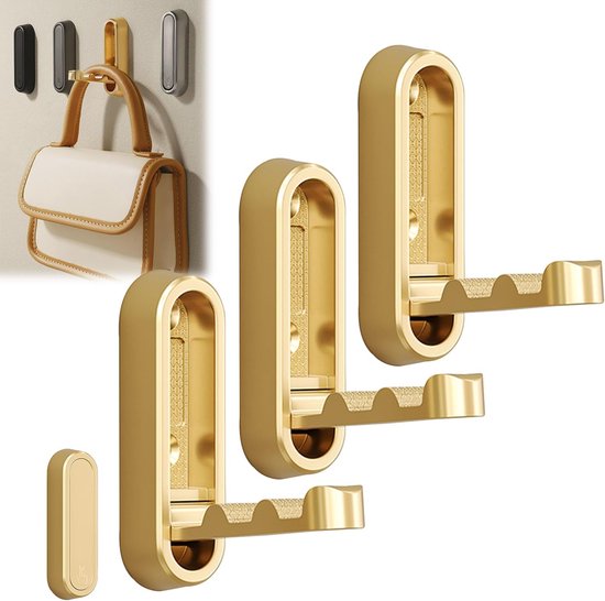 3er-pack Goldene, Faltbare, Selbstklebende Metallwandhaken (7,4 X 2,4 X 1,2 Cm), Bohrfreie Aufhängehaken Fürs Badezimmer