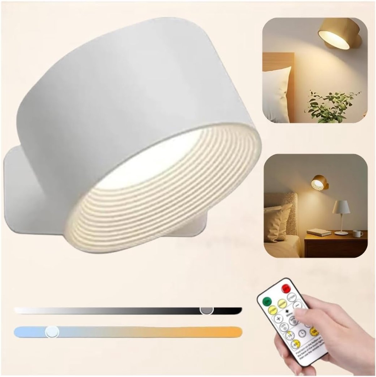 Weiße, Wiederaufladbare Magnetische Led-wandleuchte Mit Fernbedienung, 360°-drehung, 3 Helligkeitsstufen Und Farbtemperaturen