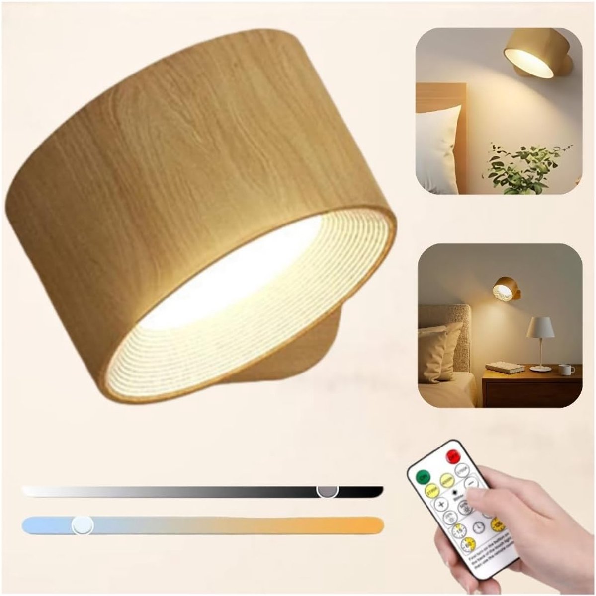 Wiederaufladbare Magnetische Led-wandleuchte In Holzoptik Mit Fernbedienung, 360°-drehung, 3 Helligkeitsstufen Und Farbtemperaturen