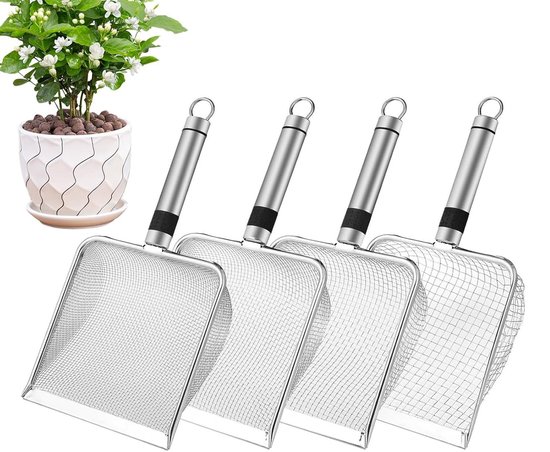 Bodensieb – Schaufelsieb, Kompostsieb – Gartenarbeit, Komposttrennung – Ergonomisches Edelstahlsieb – 29 X 14 X 10 Cm – Silber
