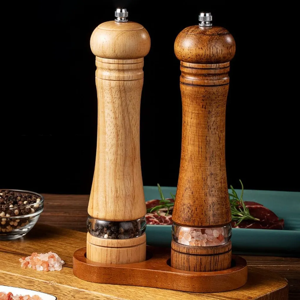 8-zoll-salz- Und Pfeffermühle, Gewürzmühle Aus Holz Mit Keramikmahlwerk, Einstellbarer Mahlgrad, Zweiteiliges Set, Manuell, Klare Beschichtung.