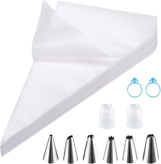 Einweg-spritzbeutel, 100er-packung (20x35cm) Mit 6 Tüllen, 2 Tortentüllen Und 2 Gummibändern Zum Dekorieren.