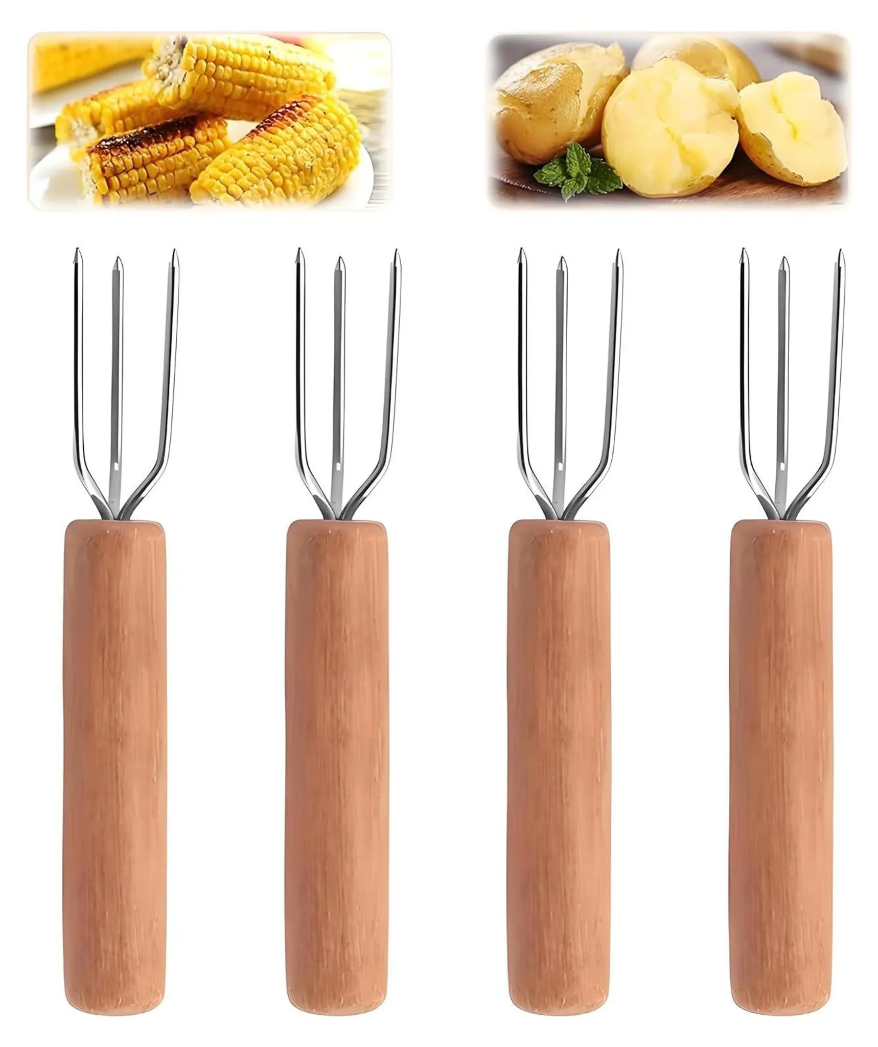 Vierteiliges Obstgabeln-set, Hochwertige Kartoffelkochgabel, Kartoffelgabel Aus Edelstahl Mit Holzgriff, Salatgabel Aus Edelstahl.