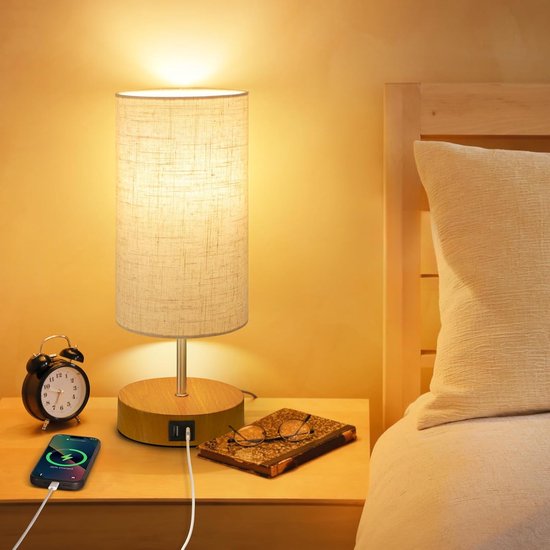 Nachttischlampe – Dreistufig Dimmbare Holztischlampe Mit Usb-a+c-ladeanschluss – Touch-steuerung