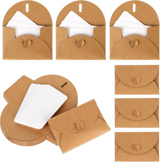 50er-packung Briefumschläge, Ca. 10,5 X 7 Cm (4,1 X 2,8 Zoll), Braun, Mini-briefumschläge Mit Leeren Karten, Herzförmiger Verschluss