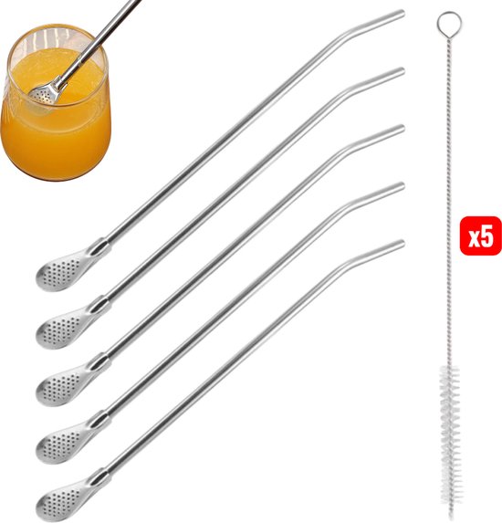 10 Stück, Löffelstrohhalm, Filterstrohhalm, Edelstahl-trinkhalm, Metallstrohhalm, Siebstrohhalm, 2-in-1, Praktische Gebogene Edelstahl-löffelstrohhalme