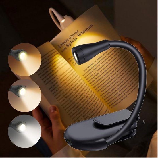 Leselampe – Led-buchlampe – Wiederaufladbare Leselampe Mit 3 Augenschonenden Leuchten – 360° Flexibler Schwanenhals, Schwarz