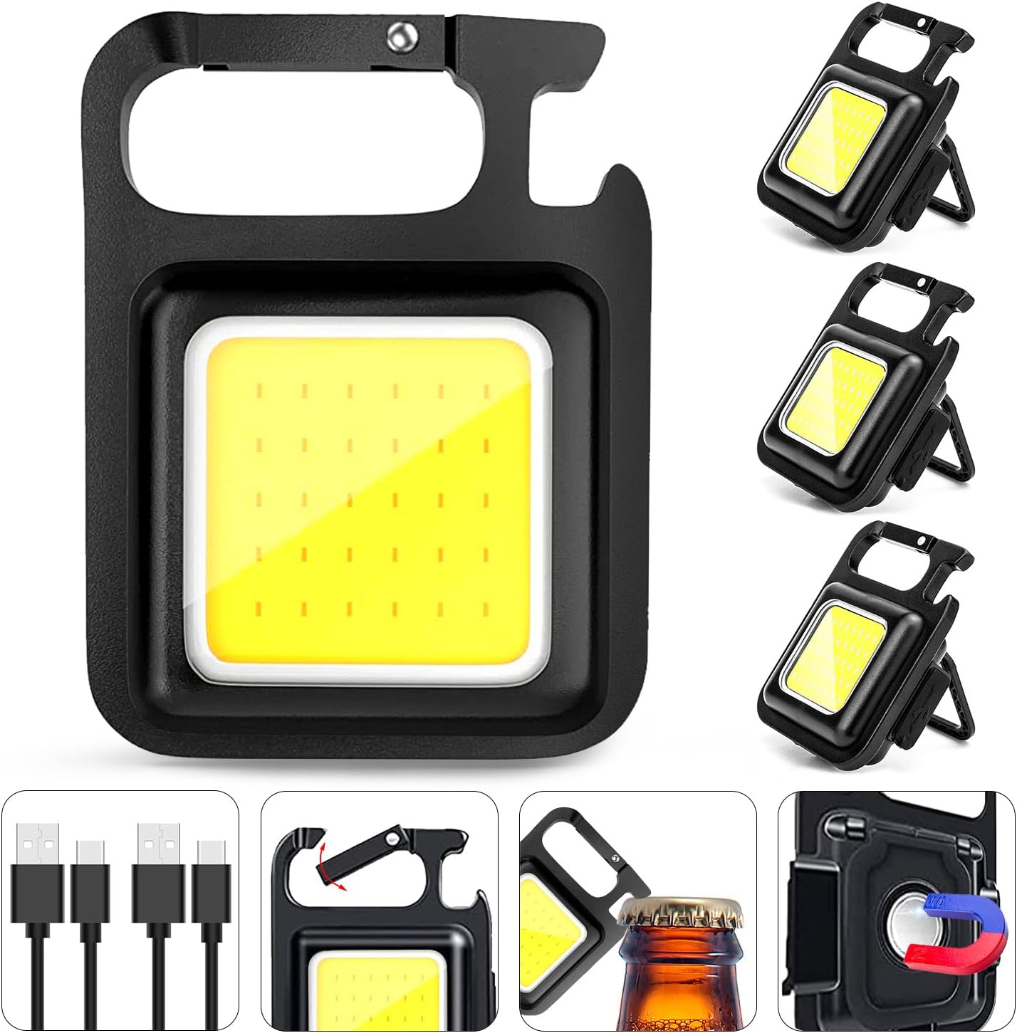 4er-pack Wiederaufladbare Schlüsselanhänger-taschenlampen, Led-arbeitsleuchten Mit Hoher Lichtstärke, Magnete, Clips, Flaschenöffner, Hundespaziergänge/camping.