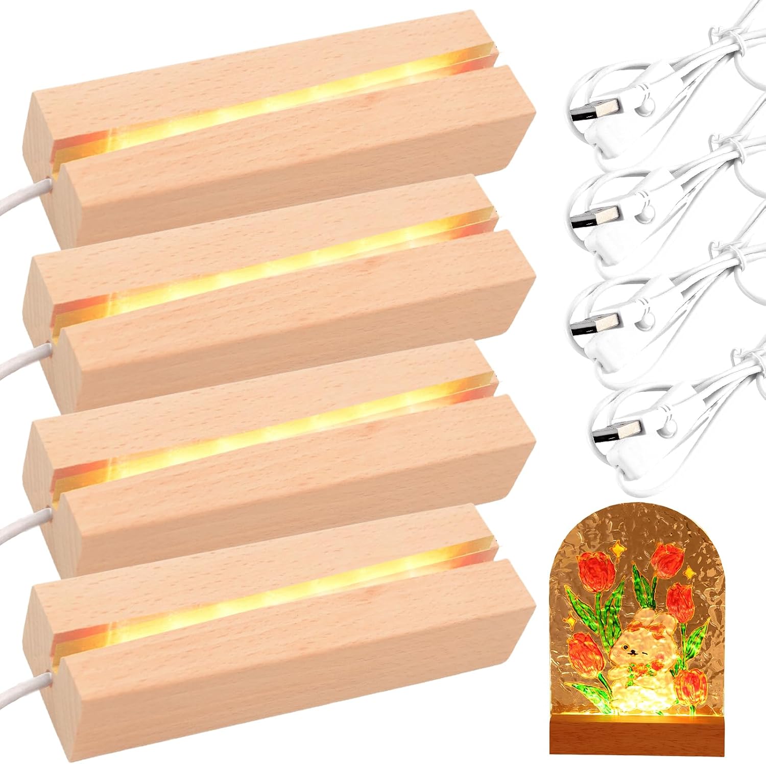 4 Led-lampenfassungen Aus Holz, Led-sockel Aus Holz, Led-lampenfassung, Usb-lampenfassung Aus Holz, Rechteckiger Beleuchteter Sockel Aus Holz.