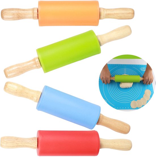 Nudelhölzer, 4er-pack Mini-nudelhölzer, Holzgriff, Antihaftbeschichtete Silikon-nudelhölzer