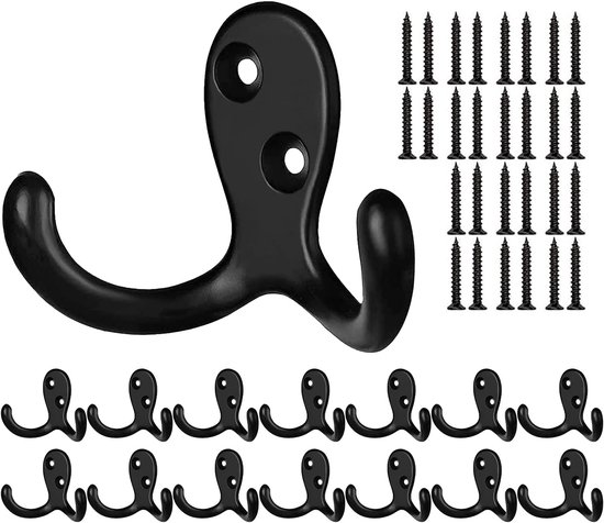 Schwarzes Kleiderhaken-set, 14-teilig – Vintage, Robuste, Wandmontierte Doppelhaken Mit 40 Schrauben