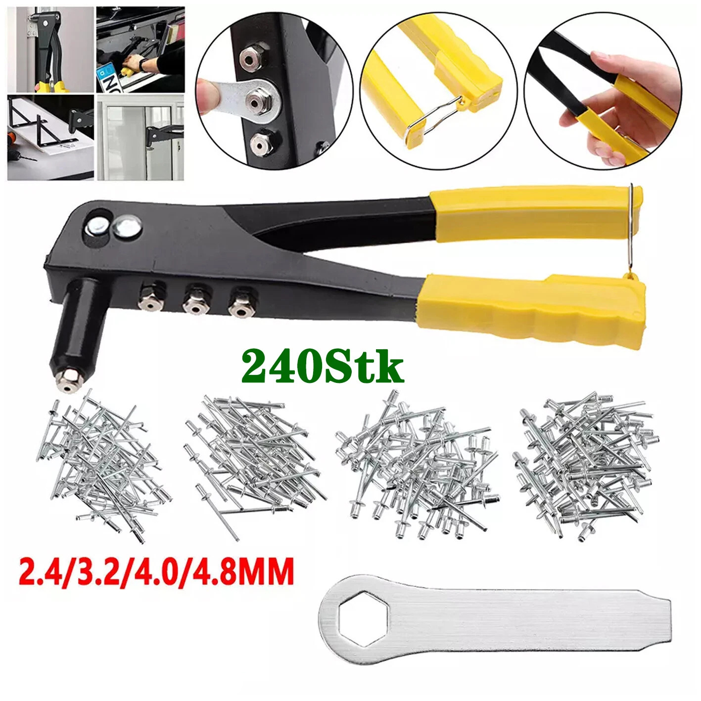 240-teiliges Nietset (im Karton) – Aluminiumnieten-sortiment (2,4/3,2/4,0/4,8 Mm) + Nietwerkzeug-set