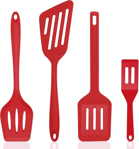 Silikonspatel – 4er-set – Küchenspatel – Perforierter Spatel Für Fisch, Eier, Pfannkuchen Und Omeletts – Rot