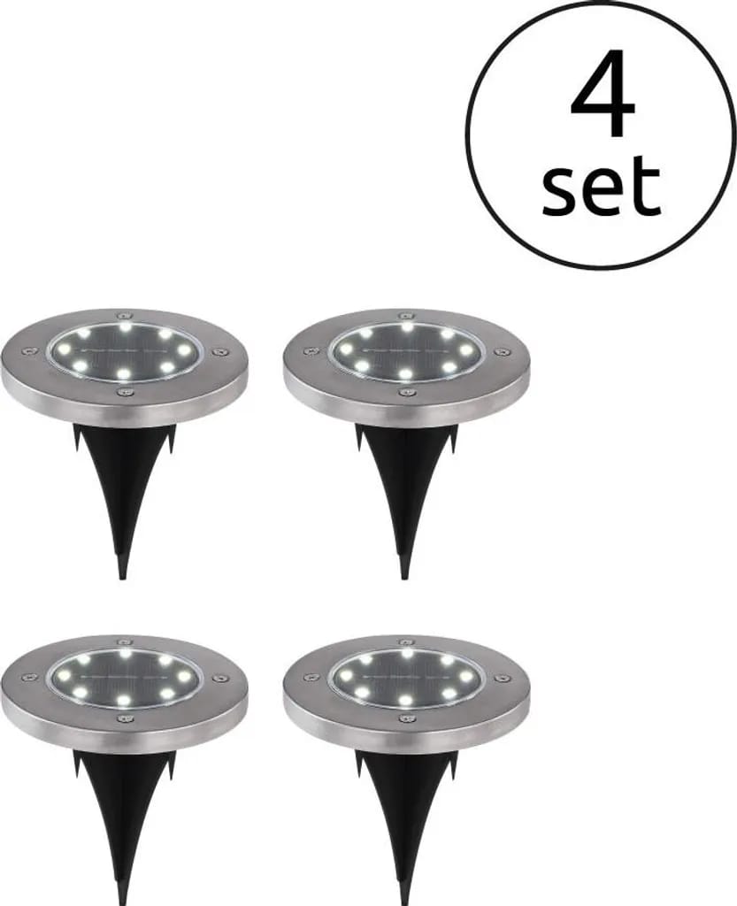 Vier Solarbetriebene Leuchten Aus Edelstahl Mit Je Acht Led-perlen, Die Weißes Licht Erzeugen.