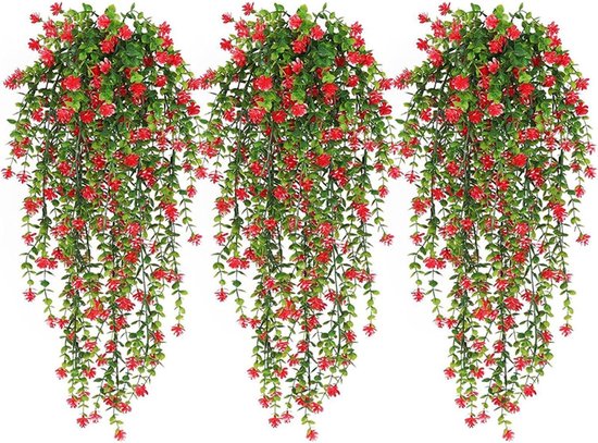 Ein Set Aus 3 Künstlichen Blumen, Geeignet Für Hängeampeln Und Zierpflanzen, Sowohl Drinnen Als Auch Draußen, Tiefrot.