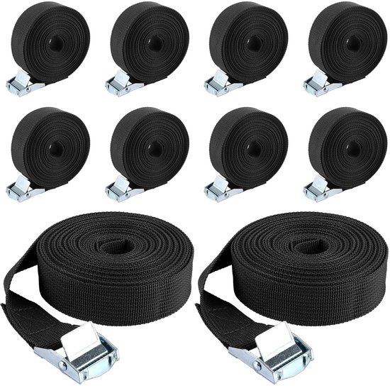 Ein Set Aus 10 Verstellbaren Gurten – 5 Meter Lang – 25 Millimeter Breit, Mit Metall-klemmschnallen.