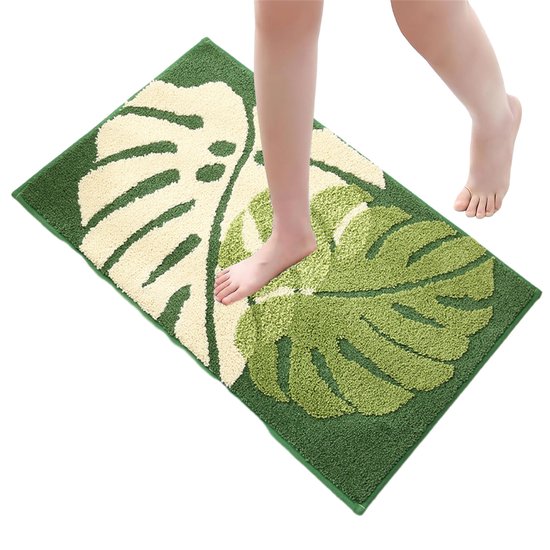 Badematte Mit Blattmuster – Rutschfest Und Saugfähig – Geeignet Für Bad Oder Schlafzimmer – Weicher Mikrofaserteppich – Grün – 40 X 60 Cm – 1 Stück