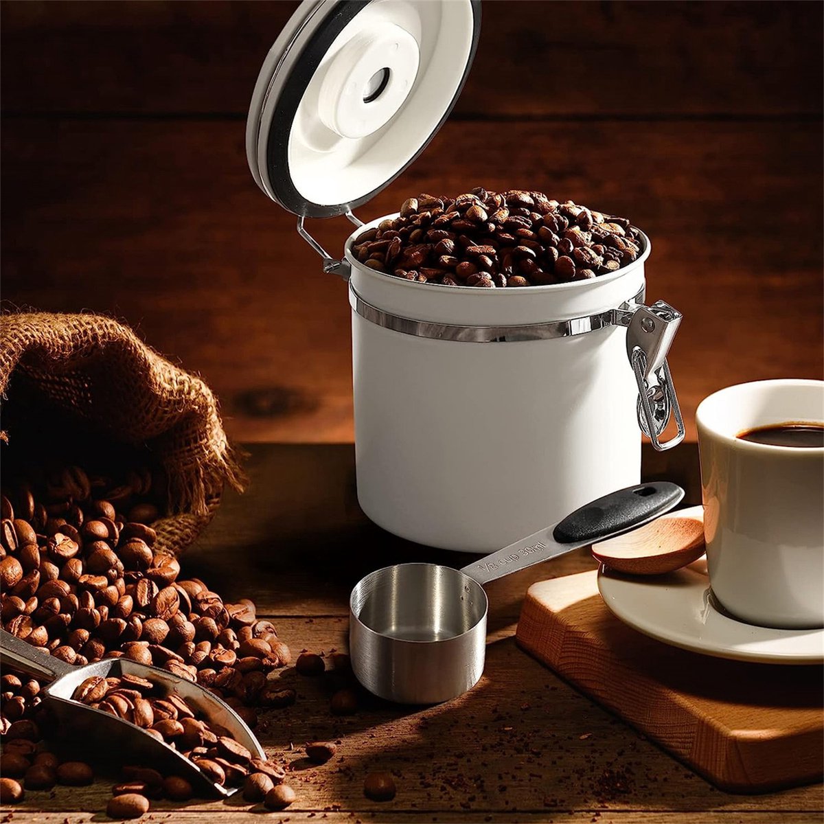 Kaffeebohnenbehälter Mit Einweg-entlüftungsventil, 1,2 L, Weiß, Mit Löffel
