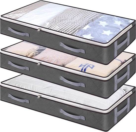 3er-pack Graue, Vliesstofffarbene Aufbewahrungstaschen (100 X 50 X 15 Cm) Für Die Unterbettwäsche Mit Großem Fassungsvermögen