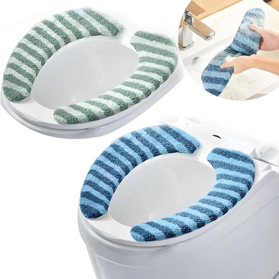 Set Mit 2 Paar Weichen Wc-sitzkissen Mit Streifenmuster (grün & Blau) – Waschbar, Wärmeerhöhend Mit Klebstoff