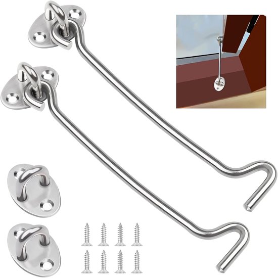 Zwei Windfeste Edelstahlhaken Mit Ösen, Geeignet Für Gartentore Oder Schuppen - 25 Cm Lang - Silberne Haken Mit Schloss, Schrauben Inklusive.