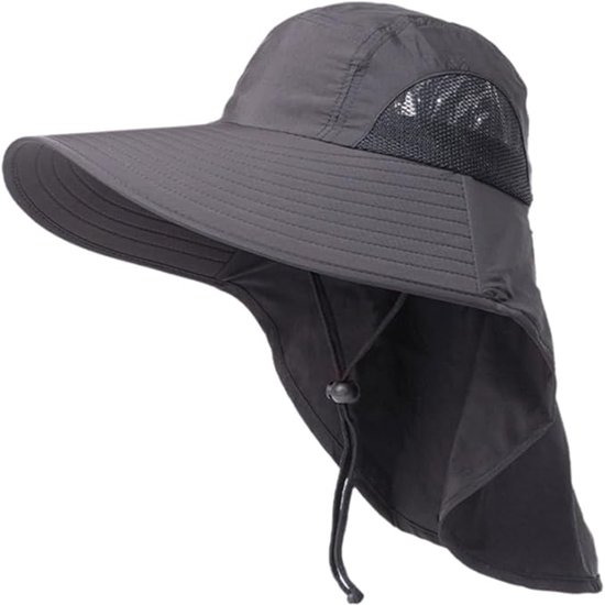 Dunkelgrauer Outdoor-sonnenhut Mit Nackenschutz Und Atmungsaktivem Design – Atmungsaktives Netzgewebe, Verstellbar Und Uv-schutz.