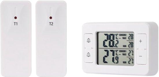 Kabelloses Heimthermometer, Digitales Thermometer Mit Zwei Sensoren, Lcd-display, Speicher Für Maximal- Und Minimalwerte, Akustischer Alarm, Für Wohn- Und Esszimmer, Weiß
