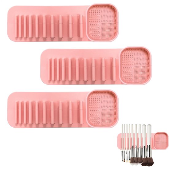 Pinkfarbenes, Wandmontiertes Set Mit Automatischem Saugnapf Für Make-up-pinsel Aus Silikon