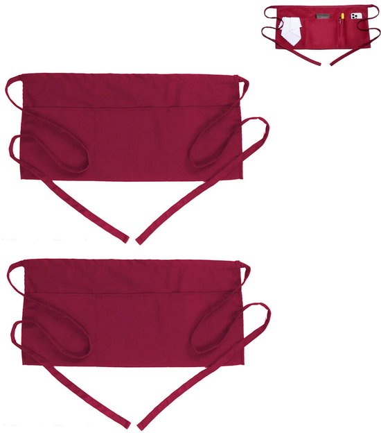 2er-pack Rote, 61 Cm Lange, Wasserdichte Unisex-kellnerschürzen Mit Drei Taschen