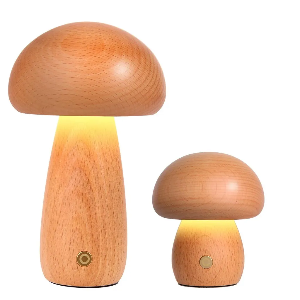 Led-nachttischlampe, Nachtlicht Aus Holz (2er-set, Groß + Klein), Pilz-nachtlicht Für Kinder, Kabellose Usb-baby-nachttischlampe