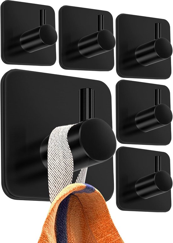 Handtuchhalter-set Aus Edelstahl (6-teilig) – Ohne Bohren – Robuste, Wasserfeste, Selbstklebende Badhaken – Schwarz