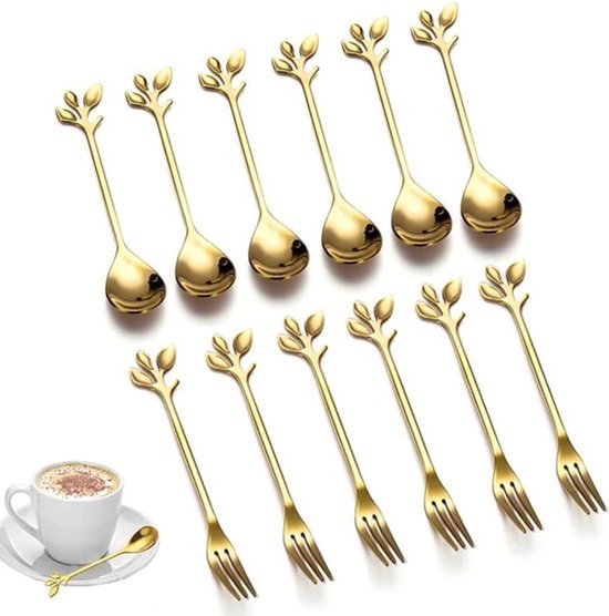 12-teiliges Dessertbesteck-set Aus Löffel Und Gabel, Edelstahl-eislöffel, Obstgabel, Kaffeelöffel, Goldfarben, 6 Löffel, 6 Gabeln, Küchenkaffeelöffel