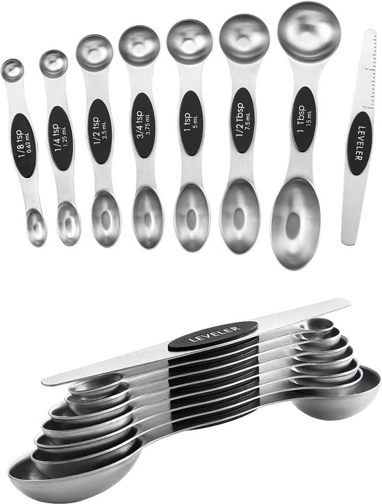 2 Sets À 8 Magnetische Messlöffel, Edelstahl, Doppelseitig Mit Abstreifer, Stapelbar, Geeignet Zum Backen Und Kochen – Schwarz