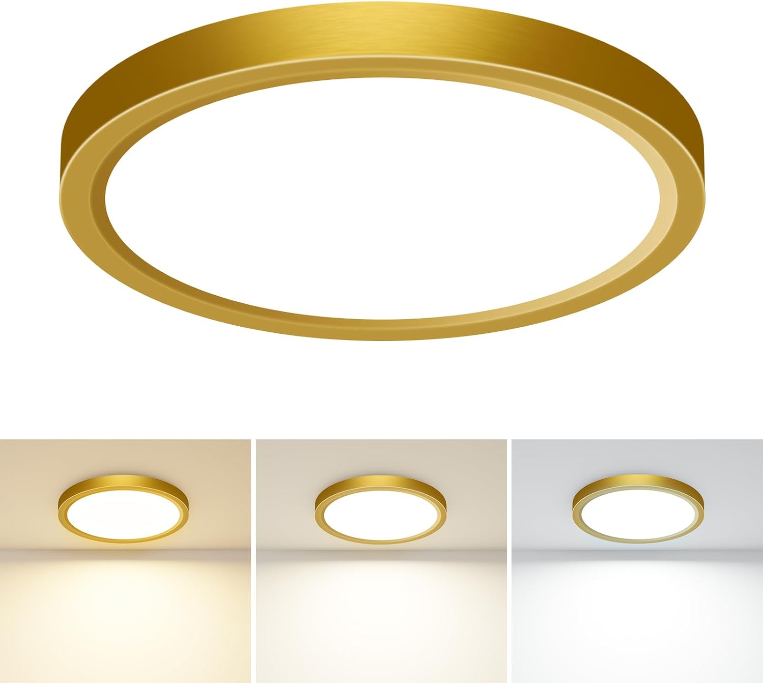 Badezimmer-deckenleuchte, 3000 K/4000 K/6500 K, 3 Farbtemperaturen, Ip44, Kompakt, Rund, Modern, Einbauleuchte, Küchen, Schlafzimmer, Flure, 23 Cm Durchmesser (gold)