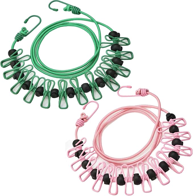 2er-pack Tragbare Reisewäscheleinen, Einziehbare Tragbare Reisewäscheleinen Mit 12 Wäscheklammern, Zum Trocknen Von Wäsche Zu Hause, Auf Reisen Und Im Freien (rosa + Grün)