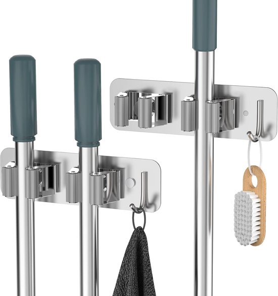2-teiliger Premium-wandorganizer Aus Edelstahl Für Mopp Und Besen Mit Haken