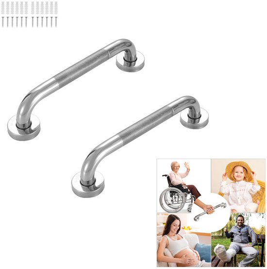 2-teilige Wandhalterung, Rutschfester, Gerippter Edelstahl-handlauf – 30 Cm, Durchmesser 2,5 Cm – Für Badezimmer, Duschräume, Küchen – Silber
