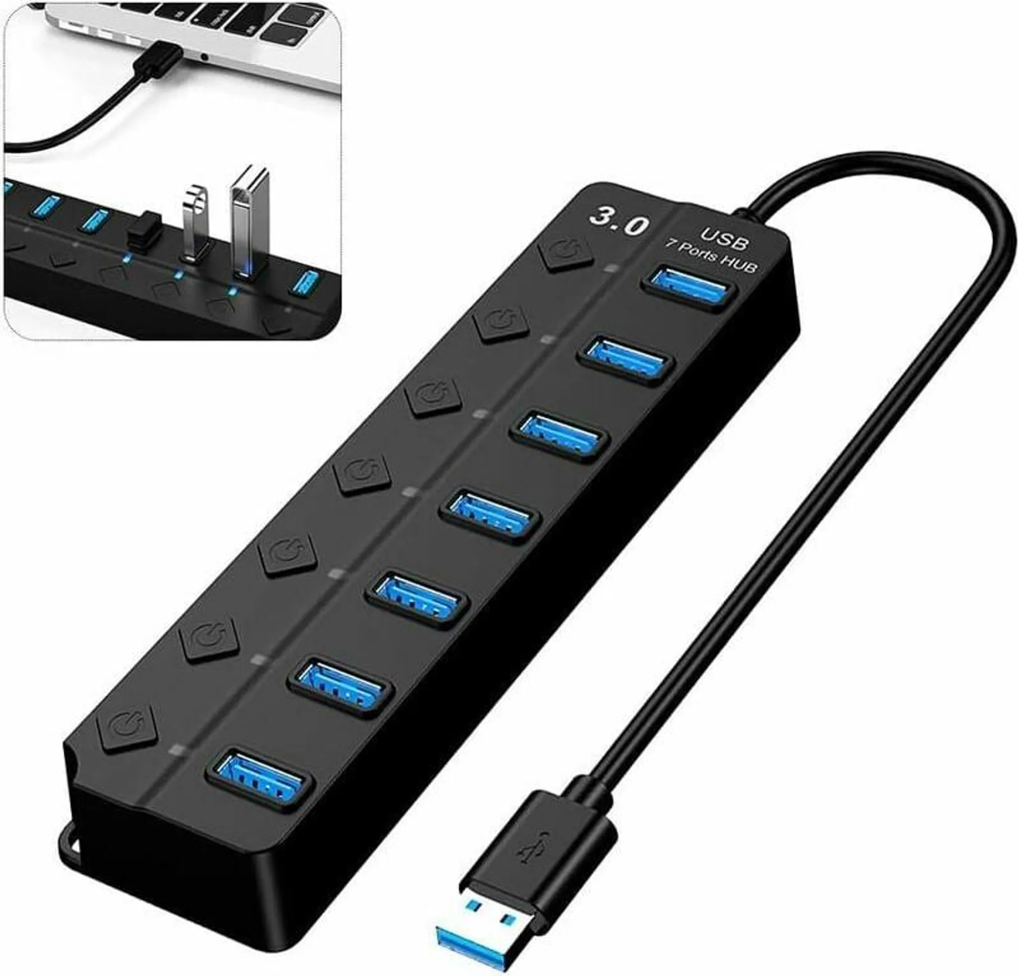 Usb 3.0 Hub Mit 7 Usb-anschlüssen, Separatem Netzschalter Und Stromversorgung. Kompatibel Mit Pcs, Laptops, Macs Und Surface Pro.