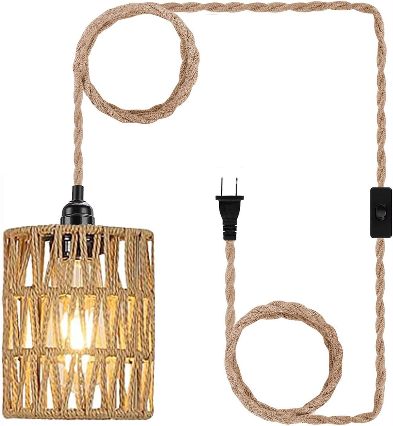 Pendelleuchte Mit Kabel - Deckenleuchte Mit Zylindrischem Rattanschirm - Ein-/ausschalter - Mit Hängeablage Für Pflanzen - Geeignet Für Schlaf- Und Wohnzimmer