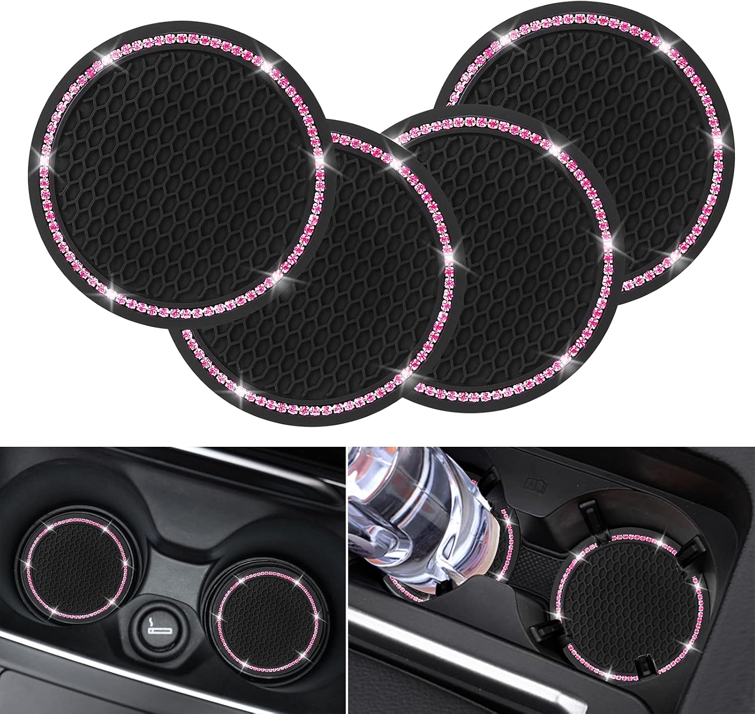 4er-pack Auto-untersetzer – Universal, 7 Cm, Niedlich, Strass, Silikon, Rutschfest – Rosa