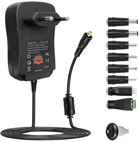 30-w-universal-wechselstrom-zu-gleichstrom-netzteil-transformator, 3-12-v-einstellbarer Spannungswandler Mit 8 Gleichstromanschlüssen (max. 2000 Ma)