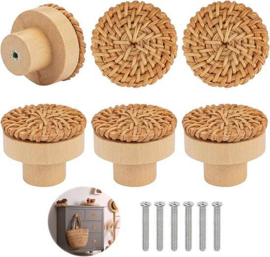 6er-pack Vintage-schrankknöpfe Und Schubladengriffe Aus Rattanholz Mit Befestigungsmaterial
