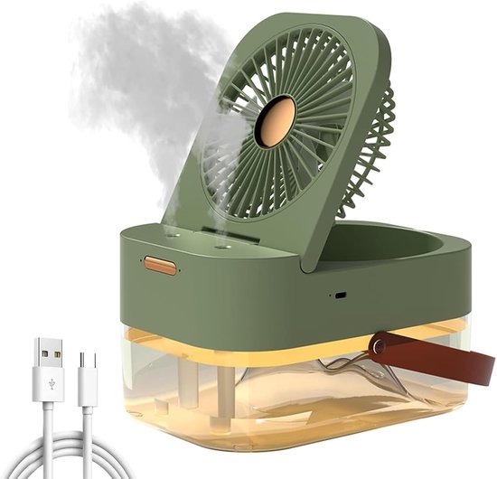 3-in-1-tischventilator – Usb-ventilator Mit Luftbefeuchter Und Nachtlicht – 1200-mah-akku – 3 Geschwindigkeitsstufen – 2,5 L – Wiederaufladbarer Usb-luftbefeuchter Für Büros, Grün