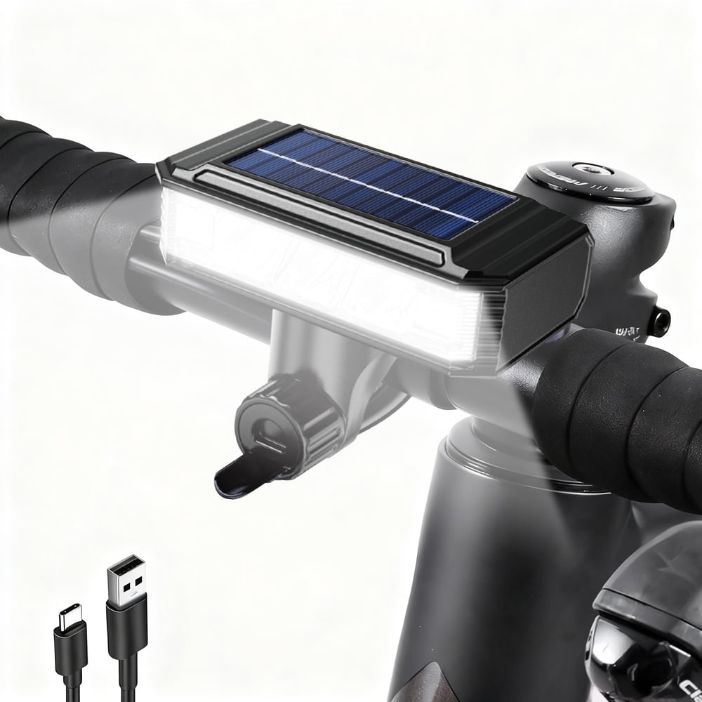 Fahrradlicht – Solarbetriebenes Fahrradlicht Mit Hupe – Für Nachtfahrten – Wasserdichter Fahrradscheinwerfer – Unisex Rennrad & Mountainbike – Schwarz