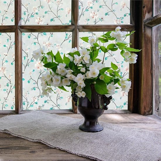 Fensterfolie - Elektrostatische Dekorfolie - 44,5 X 200 Cm - Matte, Klebstofffreie Folie Für Sichtschutz - Jasminblüten- Und Glasmuster - Getönt Für Den Wohnbereich